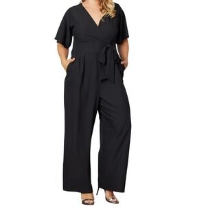 Kiyonna Wide Leg Jumpsuit Women's 2X Black Wrap Bodice Zip Back NWT Pantsuit